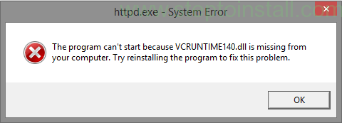 WAMP shows error 'VCRUNTIME140.dll' is missing and won't turn green  Steptoinstall.com The program can't start because VCRUNTIME140.dll is missing from your computer. Try reinstalling the program to fix the problem.